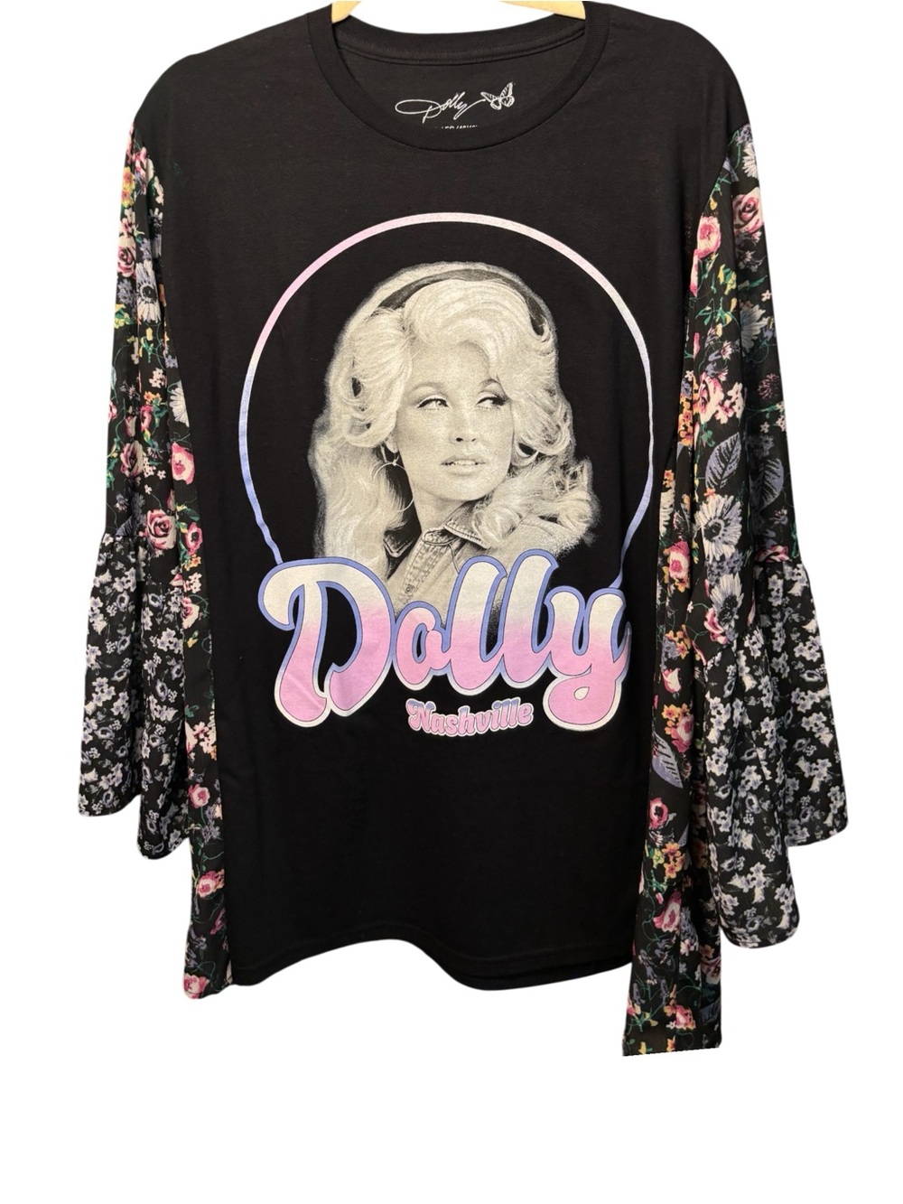 Dolly Graphic Black Tee Upcycled with Floral Sleeves